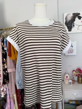 Striped Short Sleeve Tee in Brown and Cream - Women